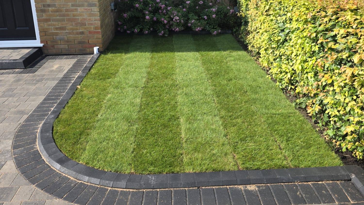 A new lawn edged with a curved charcoal block paving border beside a flowering hedge
